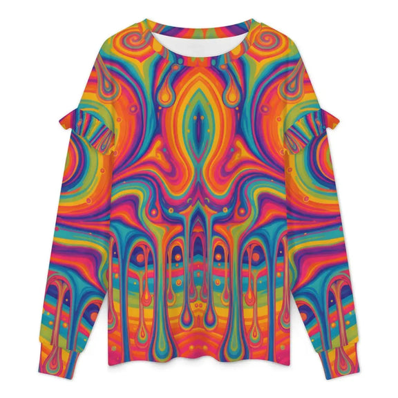 Women's Ruffled Shoulder Sweatshirt | Rainbow Drip TRIPPY