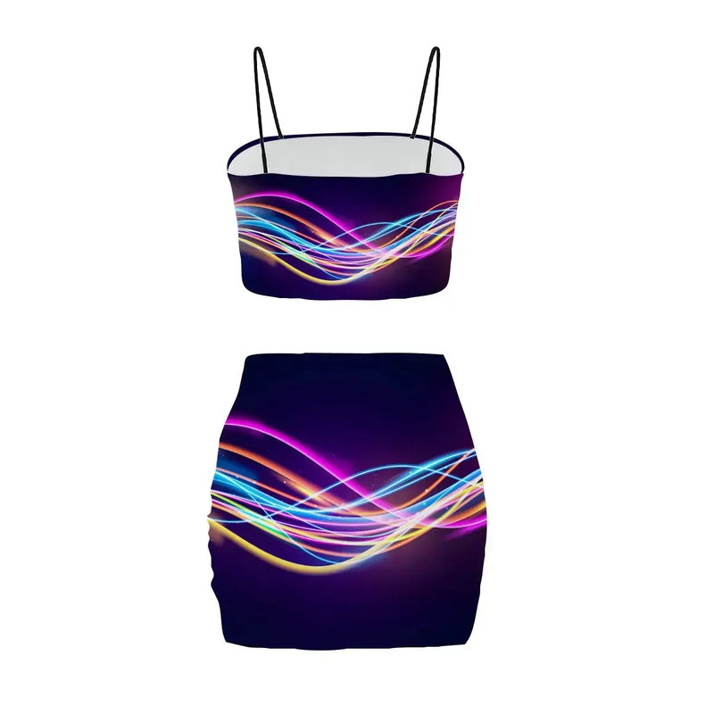 Women's Crop Tank Top & Mini Skirt Set | Electric Neon Wave TRIPPY