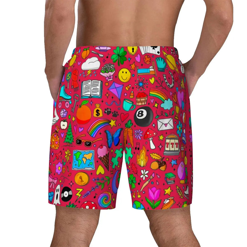 Mens Swim Trunks |  Doodle Icons Swim Trunks (RED)