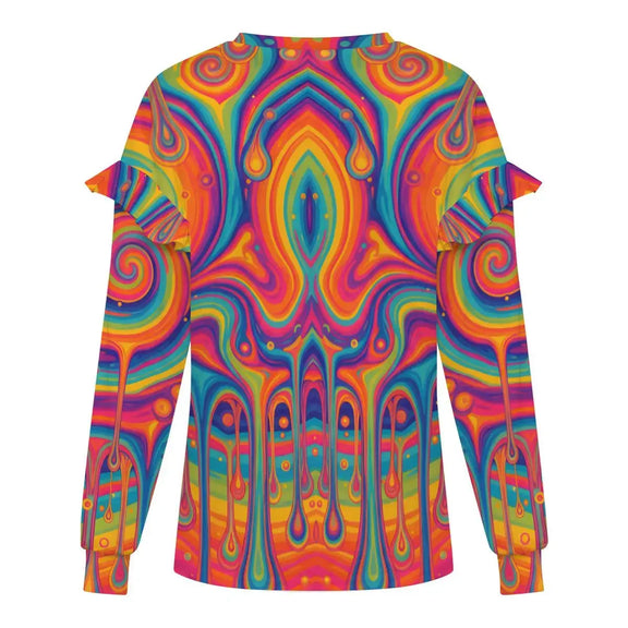 Women's Ruffled Shoulder Sweatshirt | Rainbow Drip TRIPPY