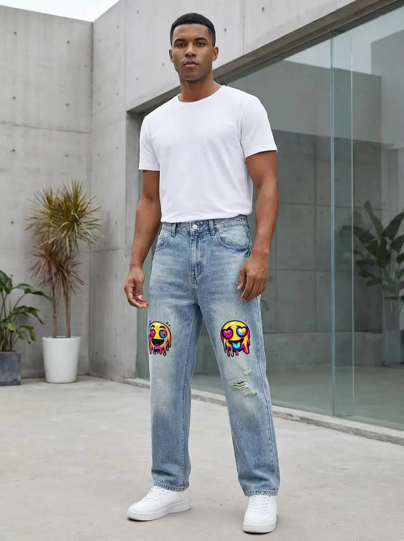 Unisex Distressed Denim Jeans | Psychedelic Emoji Distressed Streetwear