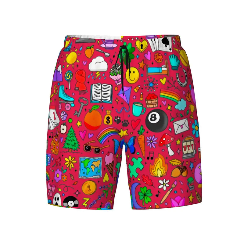 Mens Swim Trunks |  Doodle Icons Swim Trunks (RED)