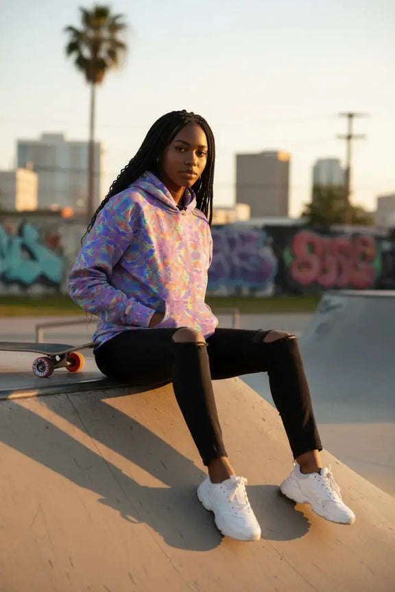 Different model in abstract rainbow hoodie sitting casually