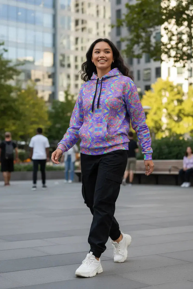 Different model walking in abstract rainbow hoodie