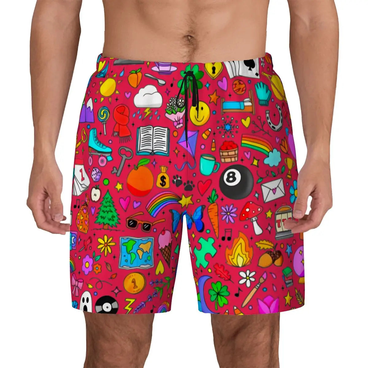 Mens Swim Trunks |  Doodle Icons Swim Trunks (RED)