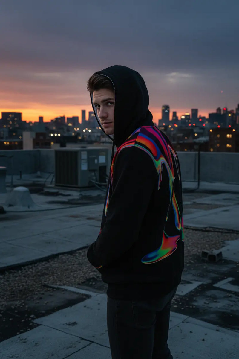 Over shoulder with hood