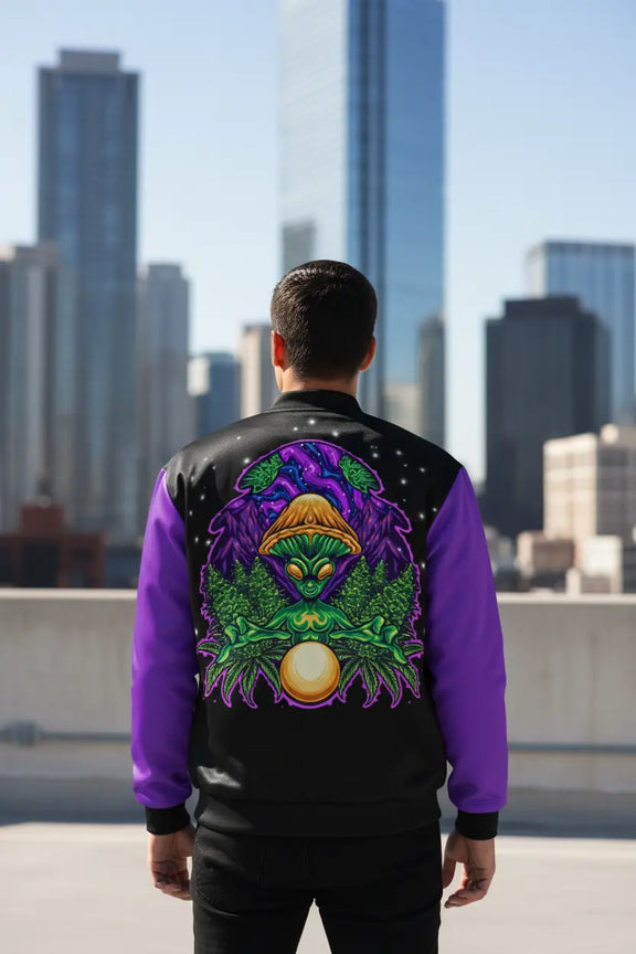 Person wearing Alien Grass bomber jacket with black base from behind