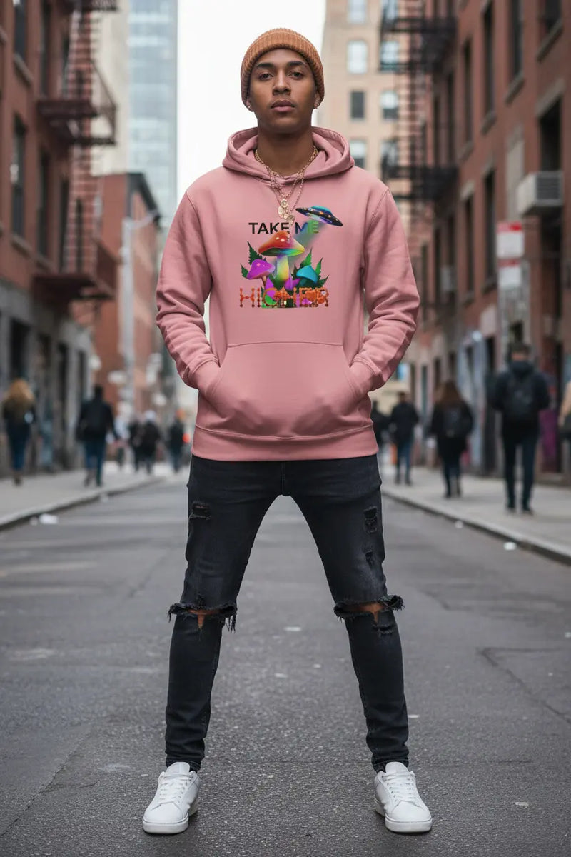 Person wearing pink TAKE ME HIGHER hoodie
