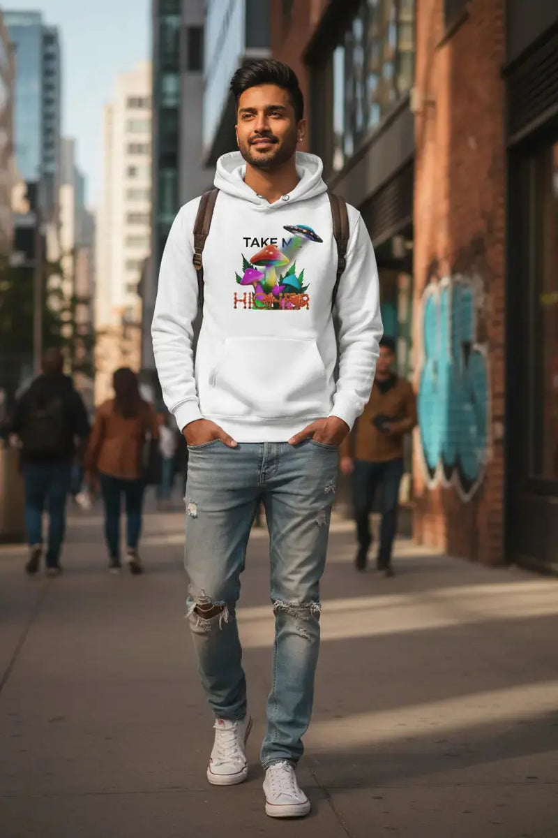 Person wearing TAKE ME HIGHER hoodie casually