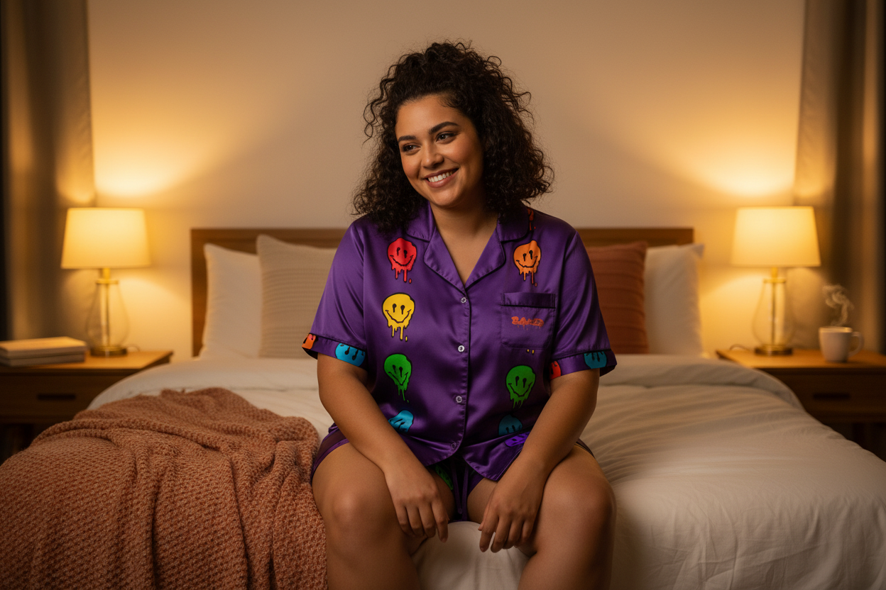 Plus-sized woman wearing Melty Faces pajama set in bedroom