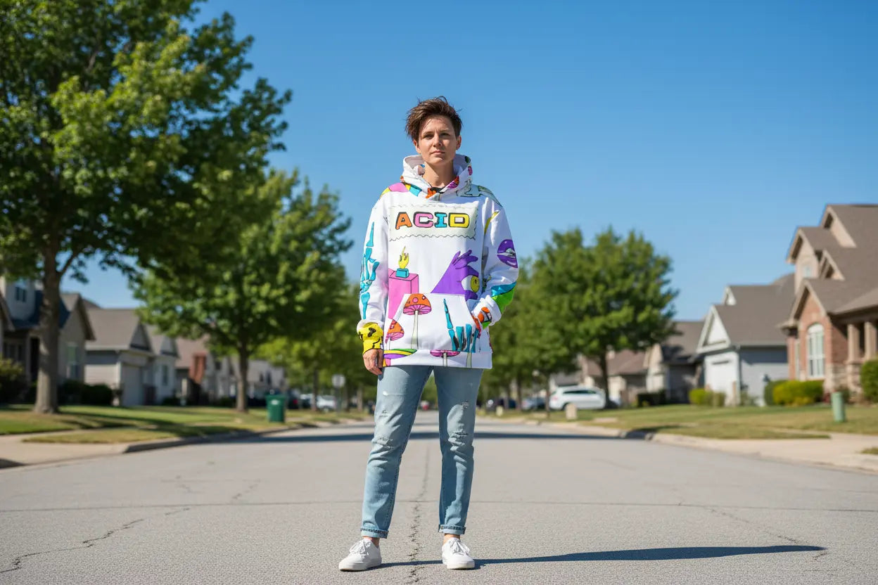 Unisex Hoodie Acid Trip White in Sunny Suburban Setting